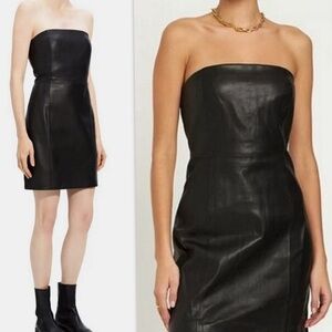 Theory Black Vegan Leather Strapless Dress